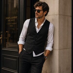 Pronto Uomo Platinum Black Wool Suit Vest Sz M Formal Wedding Prom Waistcoat